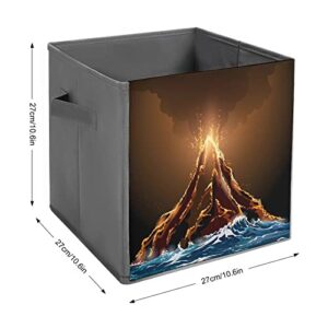 Volcanic Eruption View PU Leather Collapsible Storage Bins Canvas Cube Organizer Basket with Handles