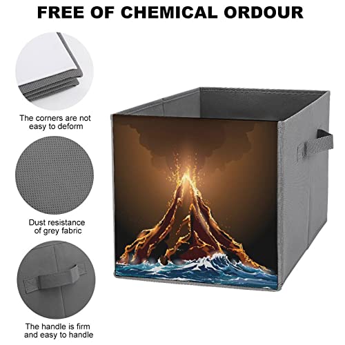 Volcanic Eruption View PU Leather Collapsible Storage Bins Canvas Cube Organizer Basket with Handles