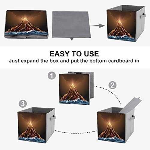 Volcanic Eruption View PU Leather Collapsible Storage Bins Canvas Cube Organizer Basket with Handles