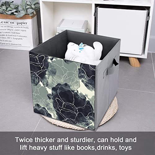 Watercolor Flower PU Leather Collapsible Storage Bins Canvas Cube Organizer Basket with Handles