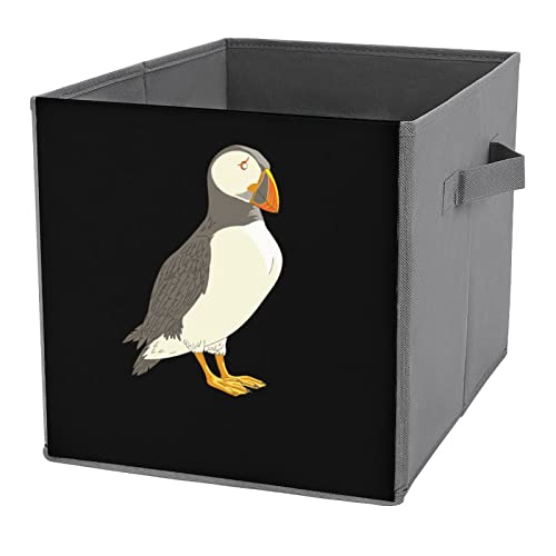 Puffin Bird PU Leather Collapsible Storage Bins Canvas Cube Organizer Basket with Handles