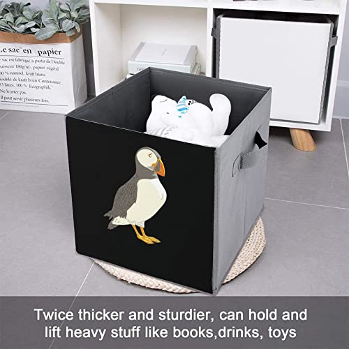 Puffin Bird PU Leather Collapsible Storage Bins Canvas Cube Organizer Basket with Handles