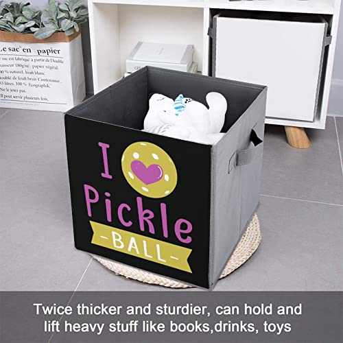 Love Pickle Ball PU Leather Collapsible Storage Bins Canvas Cube Organizer Basket with Handles
