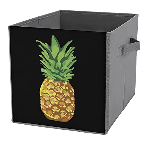 Pineapple Watercolor PU Leather Collapsible Storage Bins Canvas Cube Organizer Basket with Handles