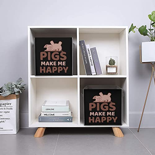 Pigs Make Me Happy PU Leather Collapsible Storage Bins Canvas Cube Organizer Basket with Handles