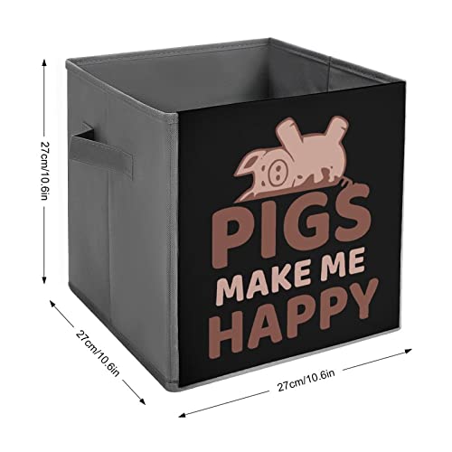 Pigs Make Me Happy PU Leather Collapsible Storage Bins Canvas Cube Organizer Basket with Handles