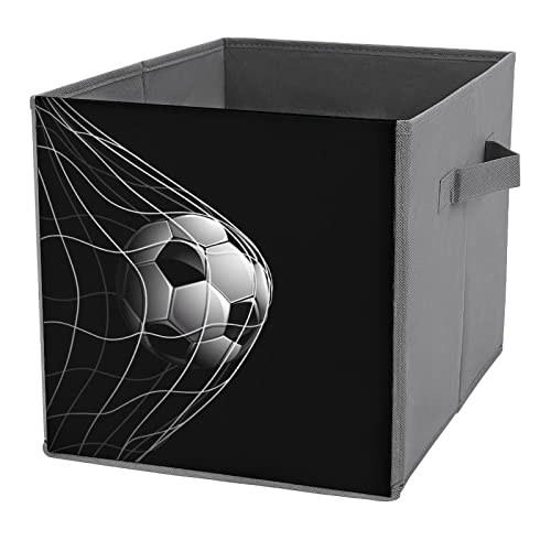 Soccer Ball on Black PU Leather Collapsible Storage Bins Canvas Cube ...