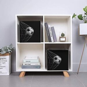 Soccer Ball on Black PU Leather Collapsible Storage Bins Canvas Cube Organizer Basket with Handles