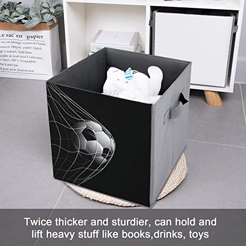 Soccer Ball on Black PU Leather Collapsible Storage Bins Canvas Cube Organizer Basket with Handles