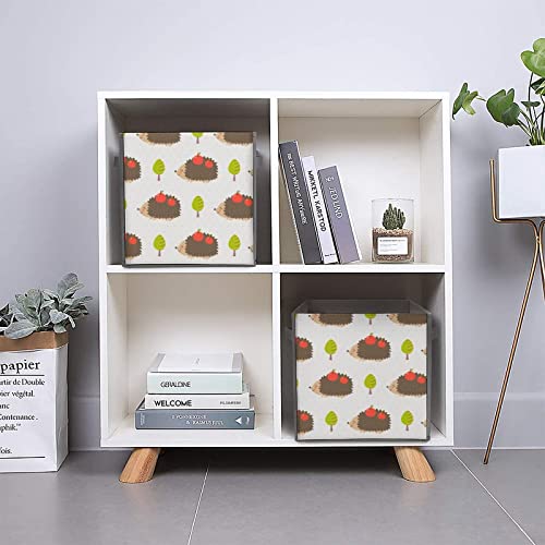 Hedgehog PU Leather Collapsible Storage Bins Canvas Cube Organizer Basket with Handles