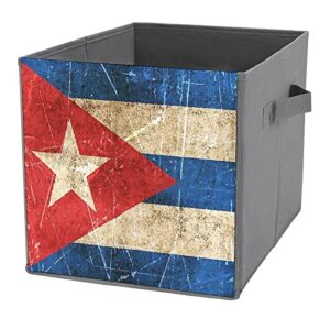 Vintage Cuban Flag PU Leather Collapsible Storage Bins Canvas Cube Organizer Basket with Handles