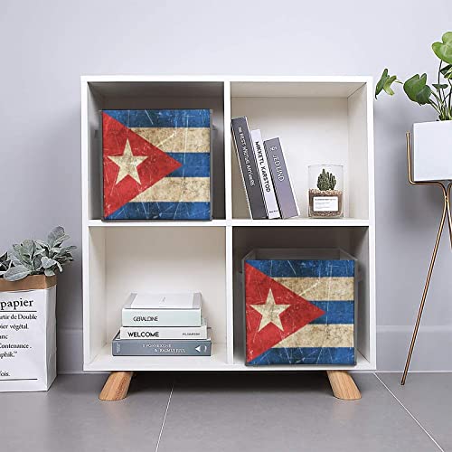 Vintage Cuban Flag PU Leather Collapsible Storage Bins Canvas Cube Organizer Basket with Handles