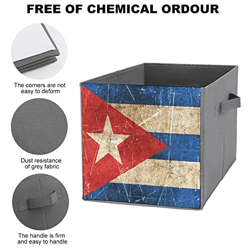 Vintage Cuban Flag PU Leather Collapsible Storage Bins Canvas Cube Organizer Basket with Handles