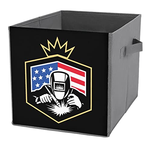 Welding American Welder Flag PU Leather Collapsible Storage Bins Canvas Cube Organizer Basket with Handles