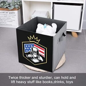 Welding American Welder Flag PU Leather Collapsible Storage Bins Canvas Cube Organizer Basket with Handles