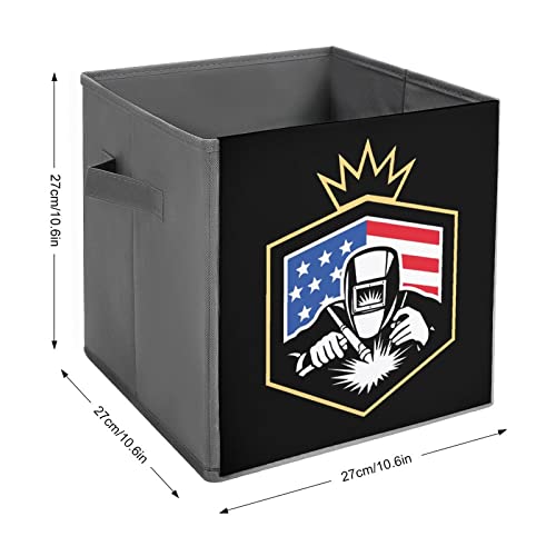 Welding American Welder Flag PU Leather Collapsible Storage Bins Canvas Cube Organizer Basket with Handles