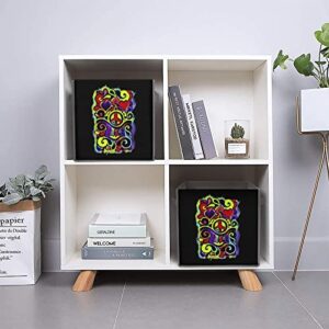 Hippy Art Peace Sign PU Leather Collapsible Storage Bins Canvas Cube Organizer Basket with Handles