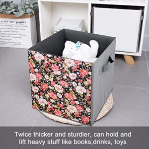 Red and Pink Floral PU Leather Collapsible Storage Bins Canvas Cube Organizer Basket with Handles