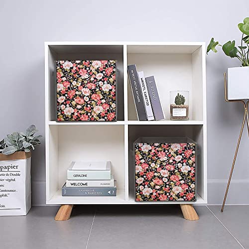 Red and Pink Floral PU Leather Collapsible Storage Bins Canvas Cube Organizer Basket with Handles