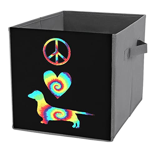 Peace Love Dachshunds Tie Dye PU Leather Collapsible Storage Bins Canvas Cube Organizer Basket with Handles