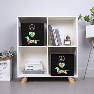 Peace Love Dachshunds Tie Dye PU Leather Collapsible Storage Bins Canvas Cube Organizer Basket with Handles