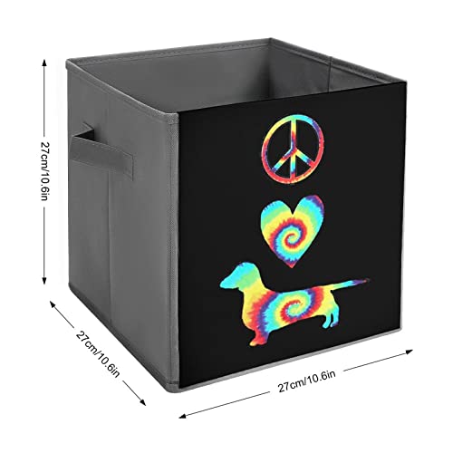 Peace Love Dachshunds Tie Dye PU Leather Collapsible Storage Bins Canvas Cube Organizer Basket with Handles
