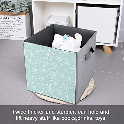Mint Cute Winter Snowflake PU Leather Collapsible Storage Bins Canvas Cube Organizer Basket with Handles
