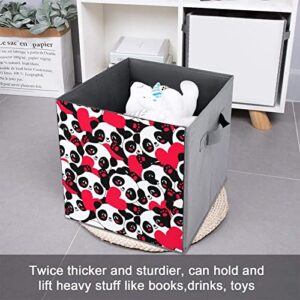 Seamless Panda Heart PU Leather Collapsible Storage Bins Canvas Cube Organizer Basket with Handles