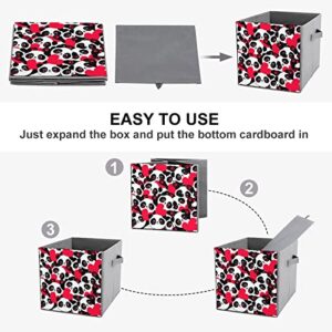 Seamless Panda Heart PU Leather Collapsible Storage Bins Canvas Cube Organizer Basket with Handles