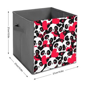 Seamless Panda Heart PU Leather Collapsible Storage Bins Canvas Cube Organizer Basket with Handles