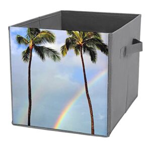 rainbow palm trees pu leather collapsible storage bins canvas cube organizer basket with handles