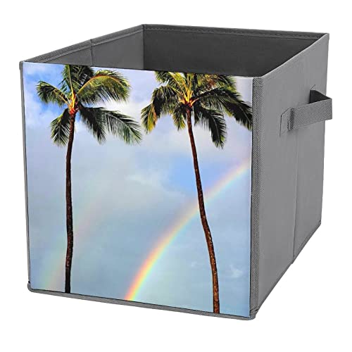 Rainbow Palm Trees PU Leather Collapsible Storage Bins Canvas Cube Organizer Basket with Handles