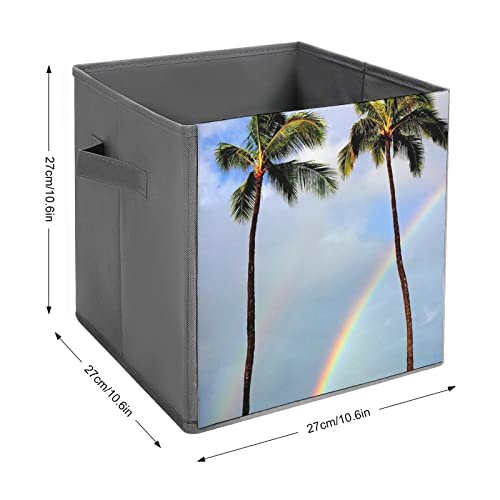 Rainbow Palm Trees PU Leather Collapsible Storage Bins Canvas Cube Organizer Basket with Handles