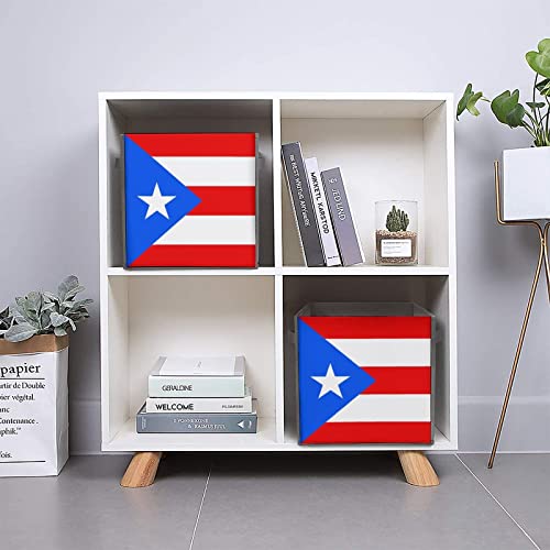 Puerto Rico Flag PU Leather Collapsible Storage Bins Canvas Cube Organizer Basket with Handles