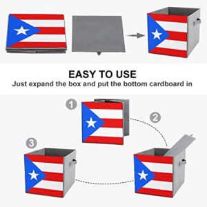 Puerto Rico Flag PU Leather Collapsible Storage Bins Canvas Cube Organizer Basket with Handles