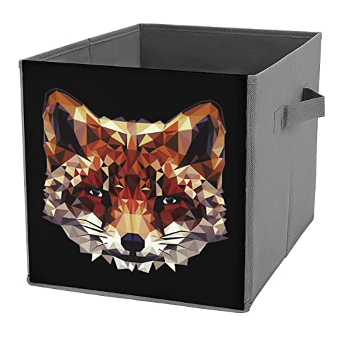 Geometric Fox PU Leather Collapsible Storage Bins Canvas Cube Organizer Basket with Handles