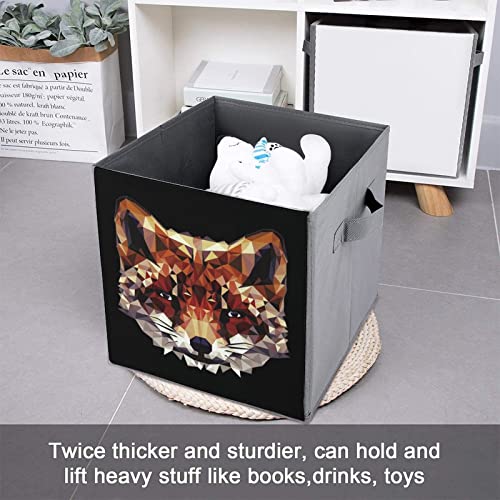 Geometric Fox PU Leather Collapsible Storage Bins Canvas Cube Organizer Basket with Handles