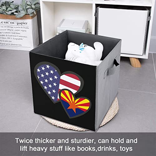 Interlocking Hearts American Arizona State Flag PU Leather Collapsible Storage Bins Canvas Cube Organizer Basket with Handles