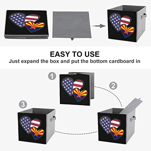 Interlocking Hearts American Arizona State Flag PU Leather Collapsible Storage Bins Canvas Cube Organizer Basket with Handles