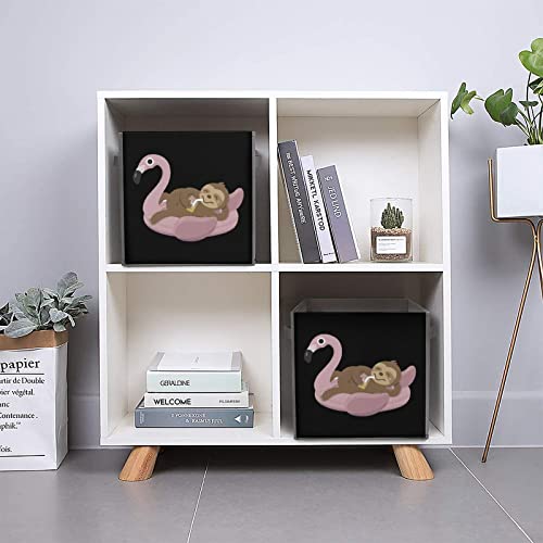 Chilling Sloth on Flamingo Float PU Leather Collapsible Storage Bins Canvas Cube Organizer Basket with Handles