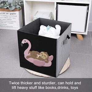 Chilling Sloth on Flamingo Float PU Leather Collapsible Storage Bins Canvas Cube Organizer Basket with Handles