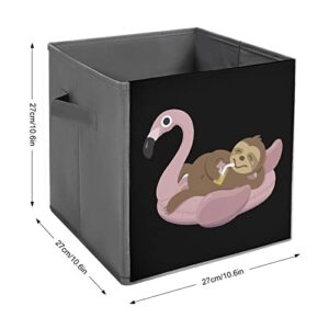 Chilling Sloth on Flamingo Float PU Leather Collapsible Storage Bins Canvas Cube Organizer Basket with Handles