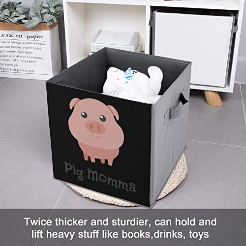 Cute Pig Momma PU Leather Collapsible Storage Bins Canvas Cube Organizer Basket with Handles