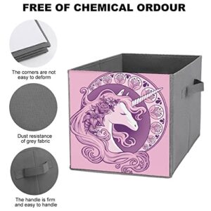 Pink Unicorn Sleep PU Leather Collapsible Storage Bins Canvas Cube Organizer Basket with Handles