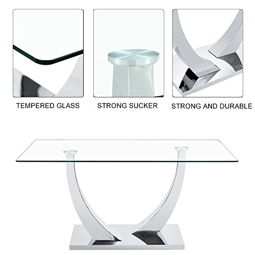 62.8" Rectangular Glass Dining Table for 4-6 with 0.39" Tempered Glass and Silver Chrome Metal Special-Shaped Bracket, for Kitchen Dining Living Meeting Room Banquet Hall