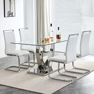 62.8" Rectangular Glass Dining Table for 4-6 with 0.39" Tempered Glass and Silver Chrome Metal Special-Shaped Bracket, for Kitchen Dining Living Meeting Room Banquet Hall