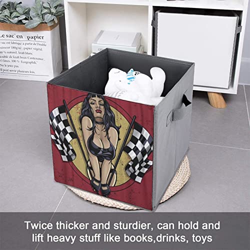 F1 Racing Girl Foldable Storage Bins Printd Fabric Cube Baskets Boxes with Handles for Clothes Toys, 11x11x11