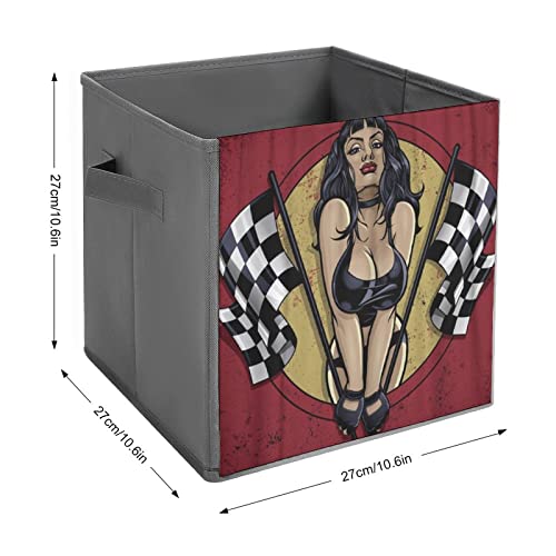 F1 Racing Girl Foldable Storage Bins Printd Fabric Cube Baskets Boxes with Handles for Clothes Toys, 11x11x11