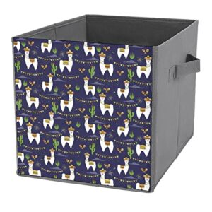 llama cactus foldable storage bins printd fabric cube baskets boxes with handles for clothes toys, 11x11x11