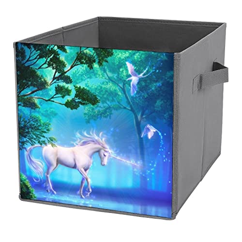 Fantasy Unicorn Forest Foldable Storage Bins Printd Fabric Cube Baskets Boxes with Handles for Clothes Toys, 11x11x11